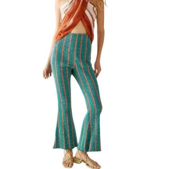 Free People Womens Fine Line Slim Striped Smocked Flare Pants Size L - Picture 2 of 11